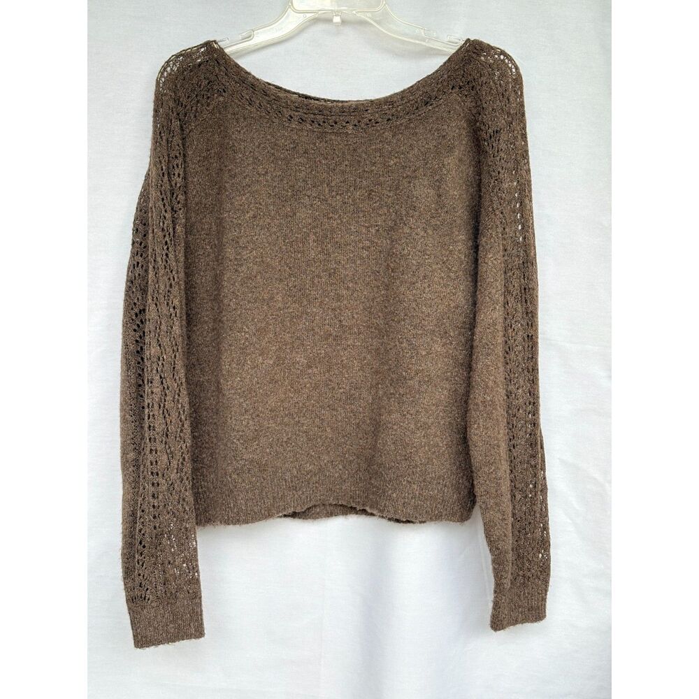 American Eagle Oatmeal Brown Fuzzy Open Knit Crop Sweater Drop Shoulder XS